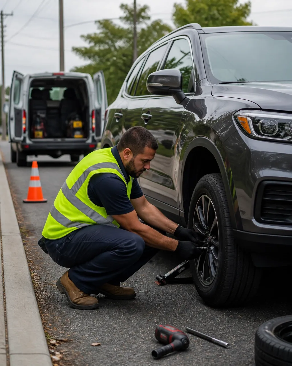 Roadside technician changing a flat tire on an SUV in New Jersey