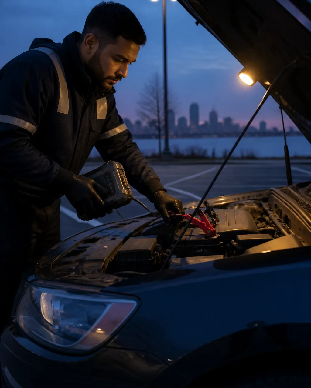 Roadside technician using a portable jump starter on a car in New Jersey