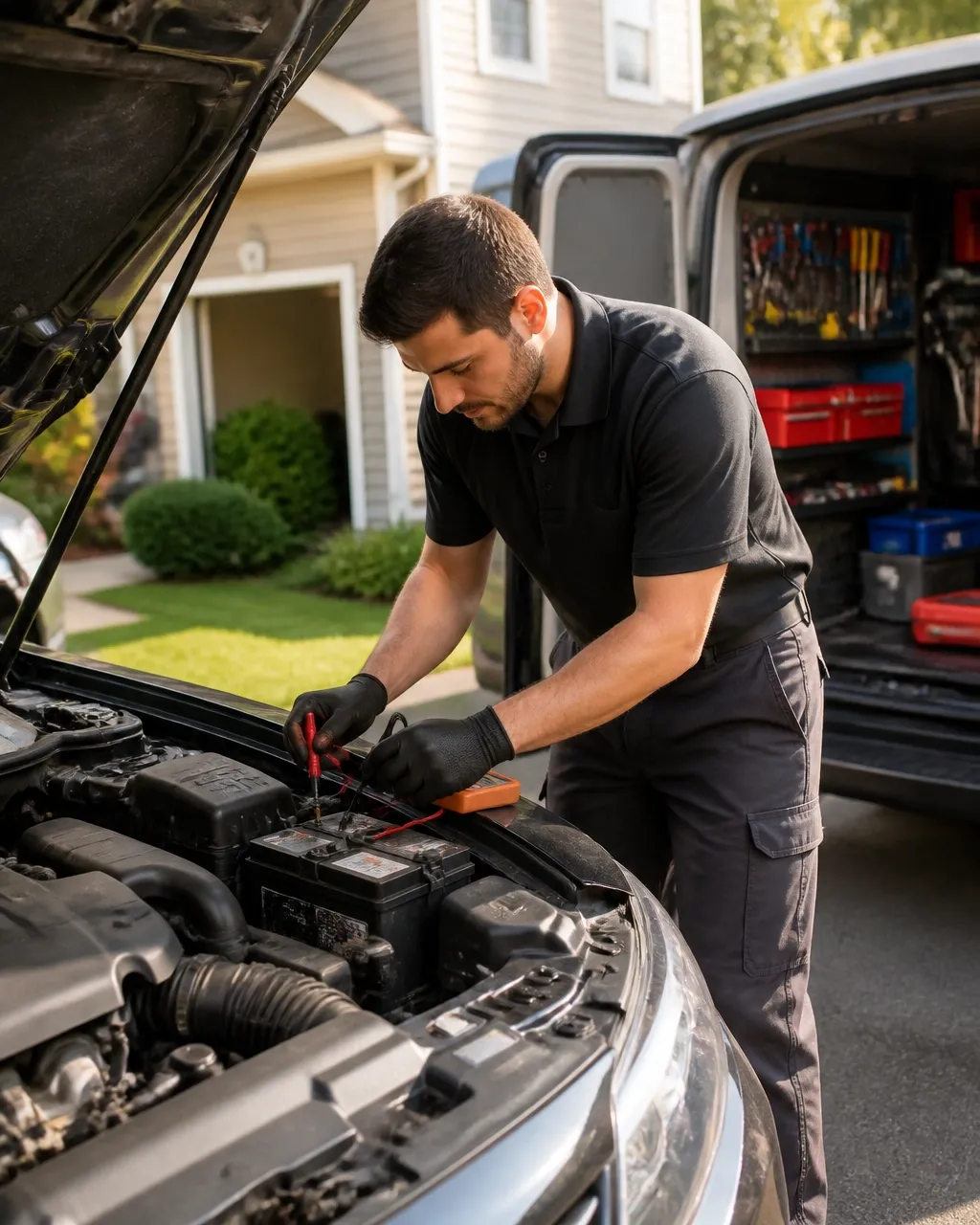 Mobile roadside technician testing a car battery in East Orange, New Jersey
