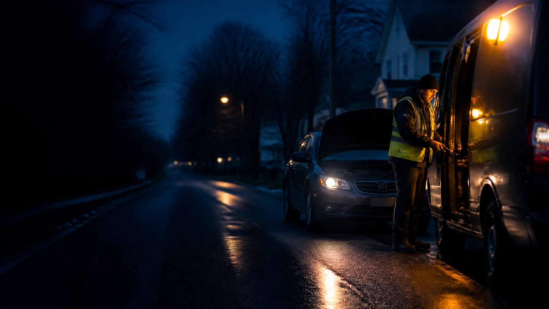 Roadside technician helping a driver beside a vehicle in East Orange, New Jersey